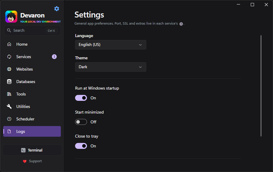 Devaron settings screen for local development configuration