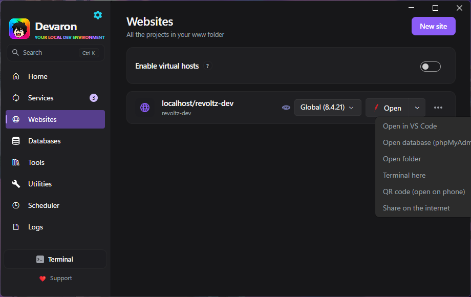 Devaron websites screen with sharing actions
